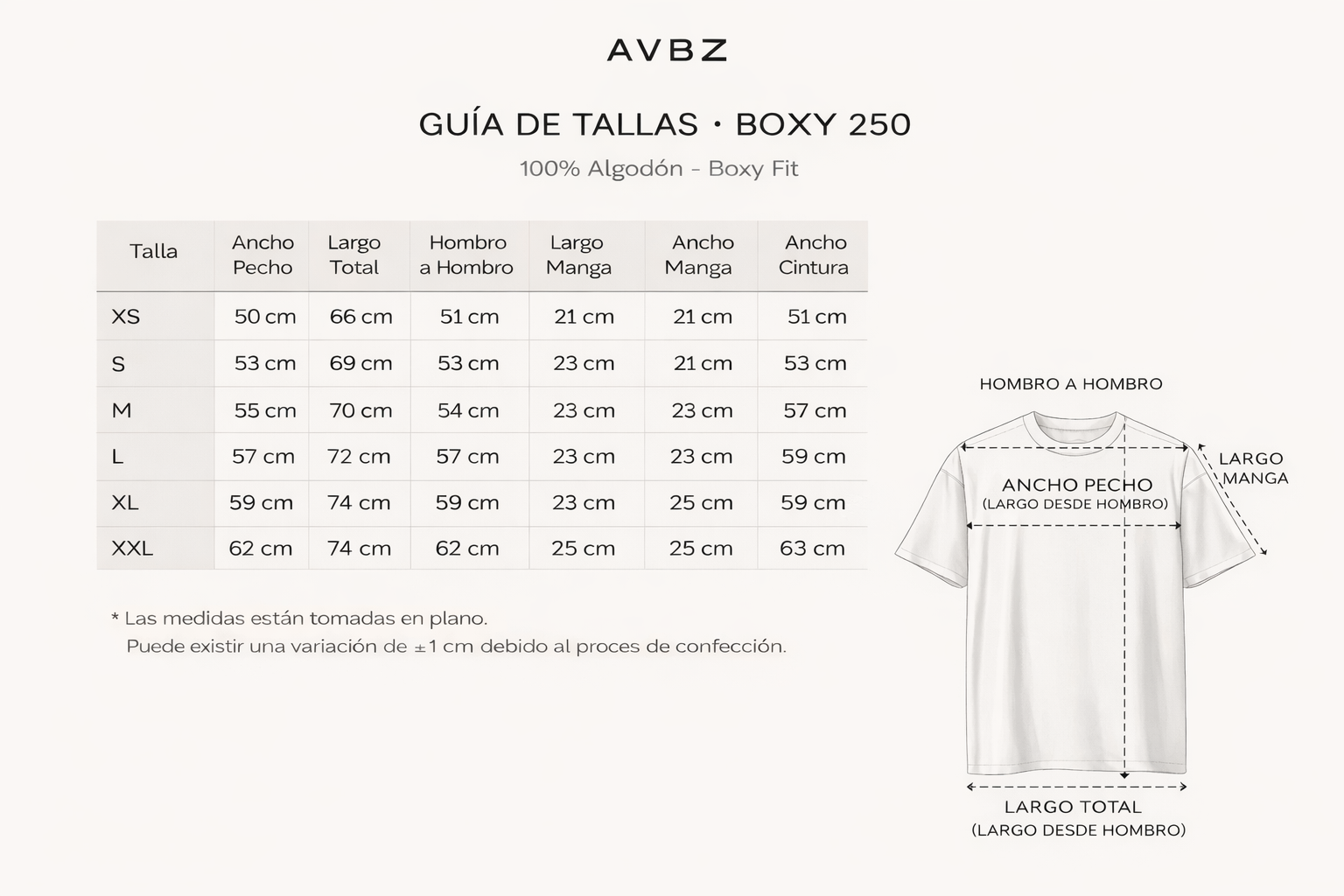 Guía de tallas · Boxy 250