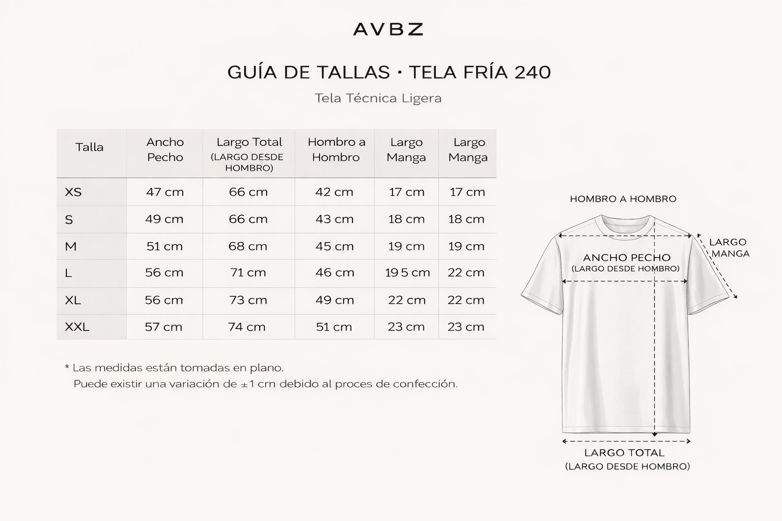 Guía de tallas · Tela Fría 240